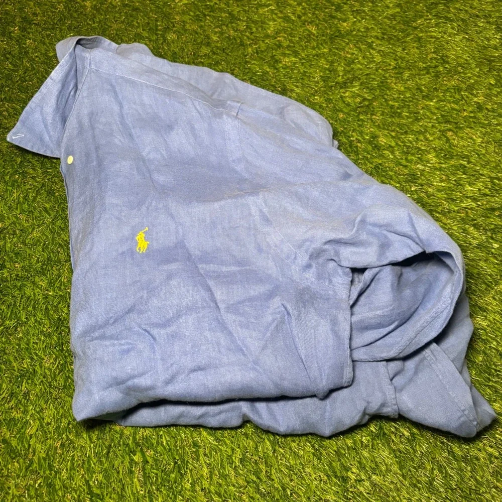 Polo Ralph Lauren Mens Blue 100% Linen Custom Fit Long Sleeve Shirt Large Logo
